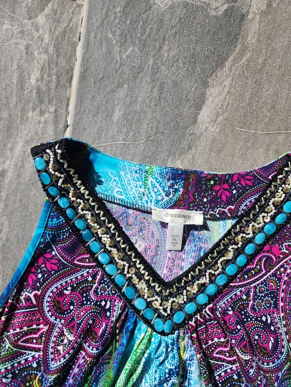 dressbarn Beaded V-Neck Paisley Tank in Teal, Purple & Lime